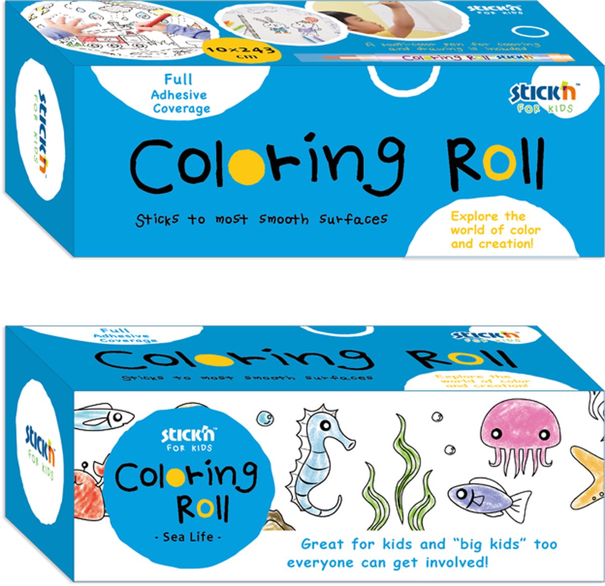 Tekenrol, 10x243cm, wit, waterdieren, achterzijde volledig voorzien van zelfklevende non-permanente lijm, incl. gratis 6 kleurenpotlood